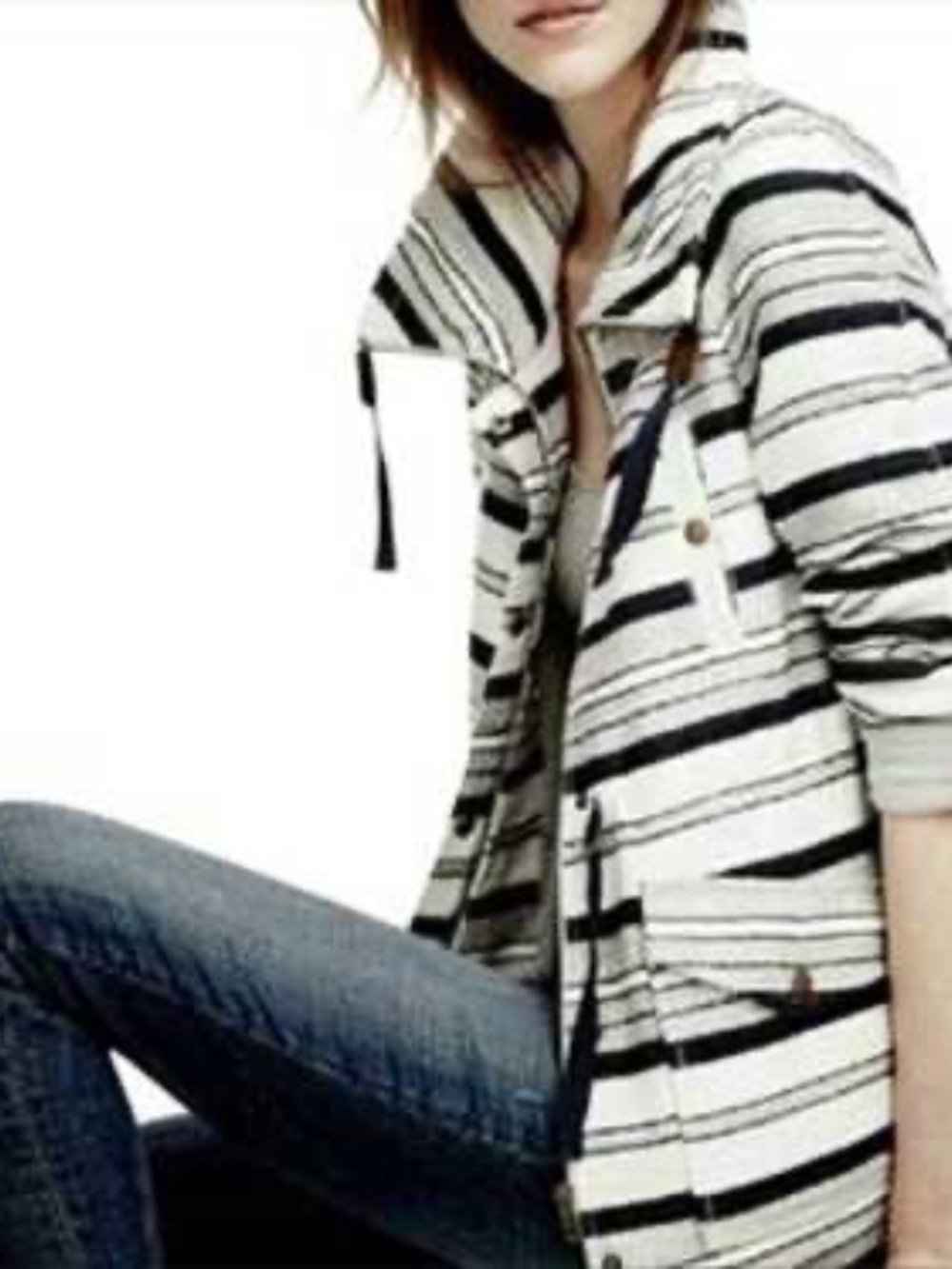 LOFT Breton Anorak Navy Cream Striped‎ Jacket Drawstring Waist Nautical Large